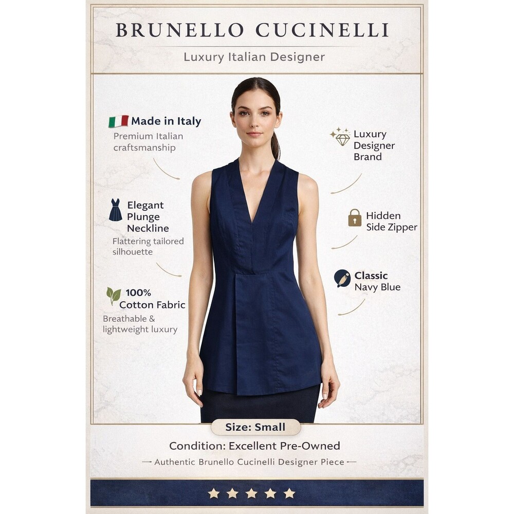 Brunello Cucinelli Blue Tunic Sleeveless V Neck Blouse S Quiet Luxury Cotton - Picture 2 of 14
